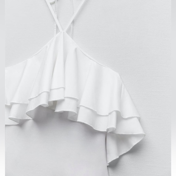 𝅺Zara RUFFLED RIB BODYSUIT white Sz L - Picture 7 of 10